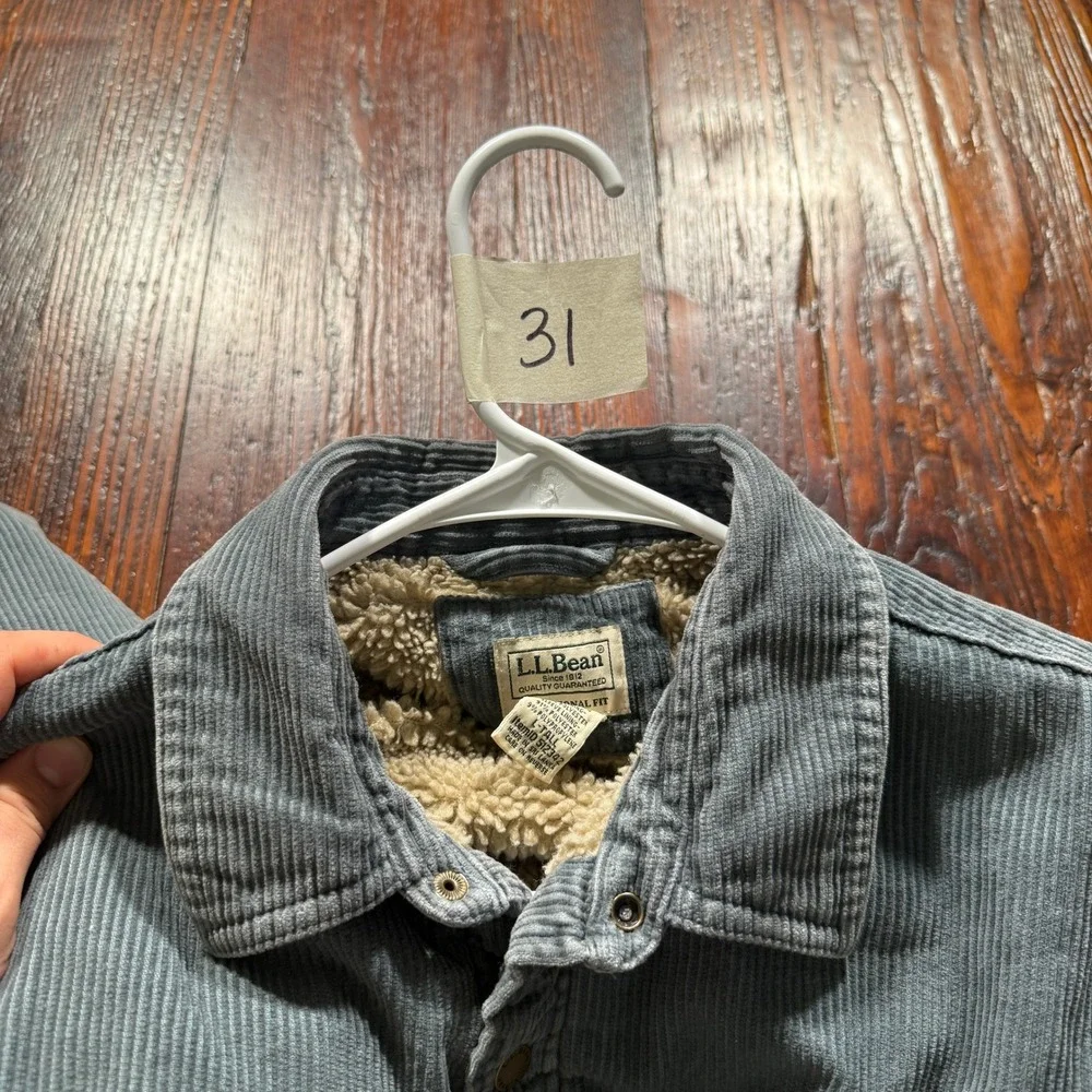 LL Bean‎ Corduroy Shacket Mens LT Blue Gray Sherpa Lined Shirt Jacket 512342